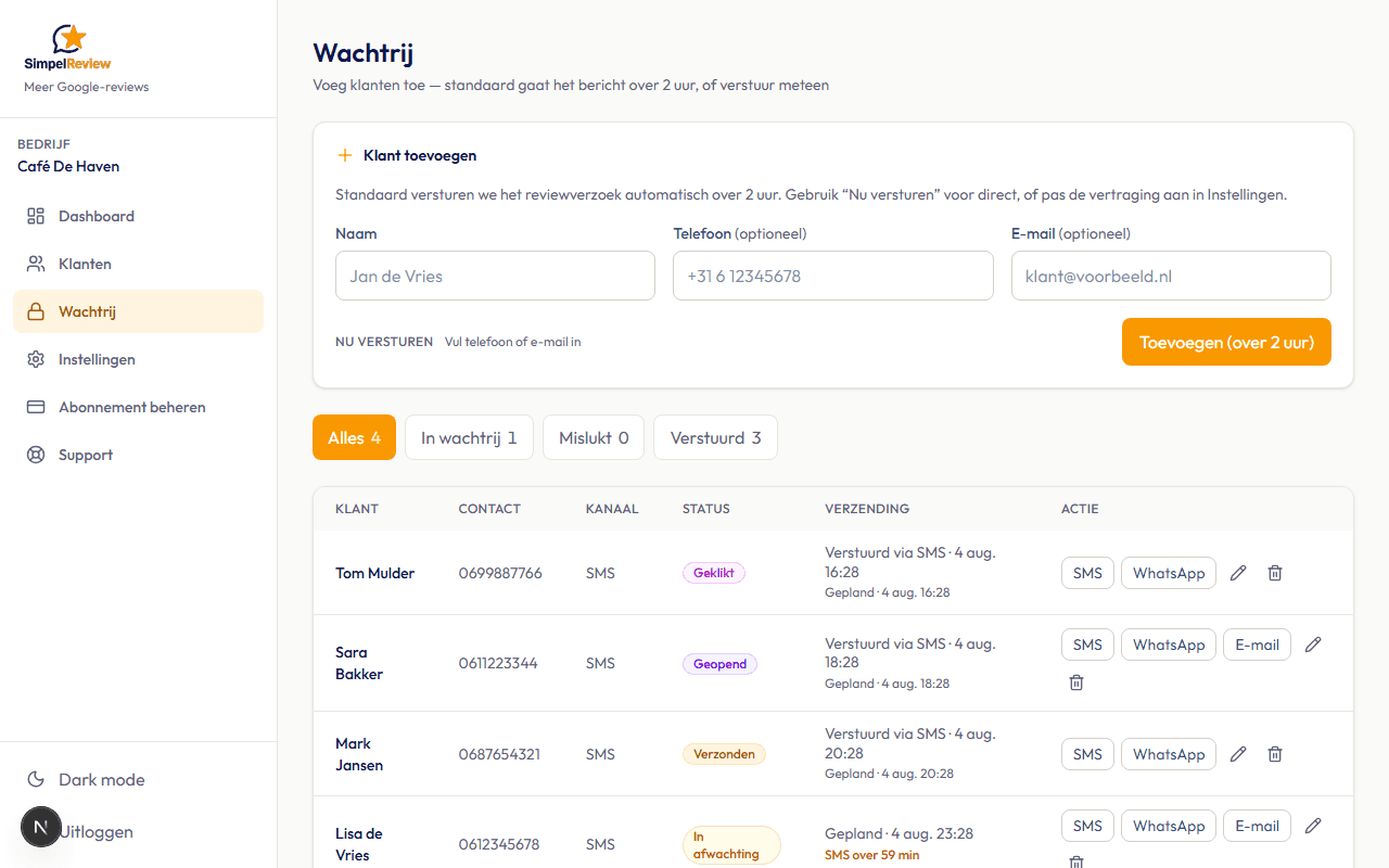 Wachtrij in SimpelReview met geplande en verstuurde reviewverzoeken