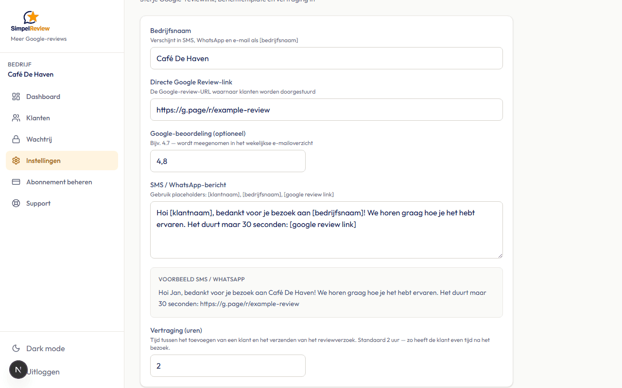 Instellingen in SimpelReview met Google-reviewlink, vertraging en berichttekst